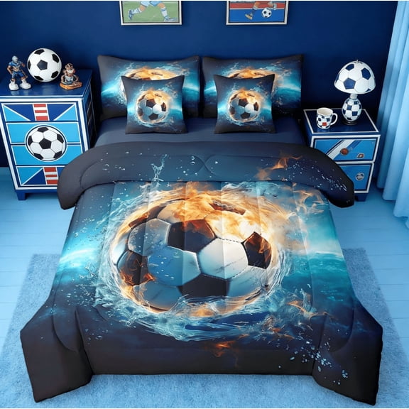 Manfei Soccer Ball Gamer 7-Piece Twin Bedding Sets,Kids Blue Football Bedding Comforter Set For Boys Girls Teens Sports Themed Reversible