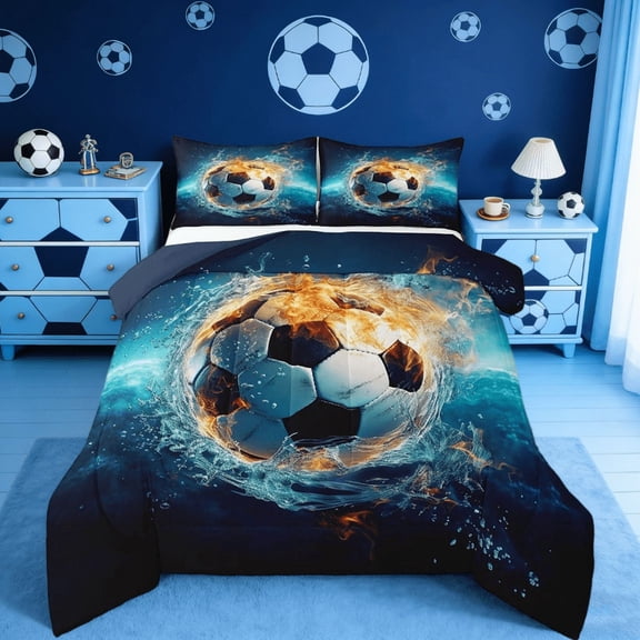 Manfei Soccer Ball Gamer Twin Comforter Sets,Kids Blue Football Bedding Set For Boys Girls Teens Sports Themed Reversible 2pcs