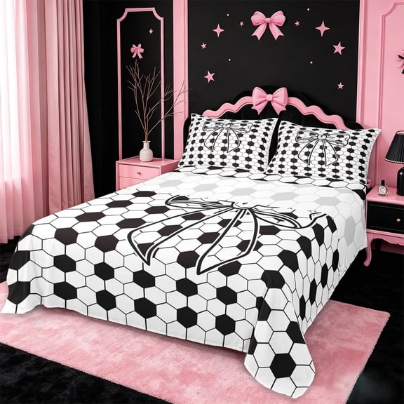 Manfei Soccer Bowknot Bed Sheets For Kids,Abstract Geometric Honeycomb Pattern King Sheets,4-Piece