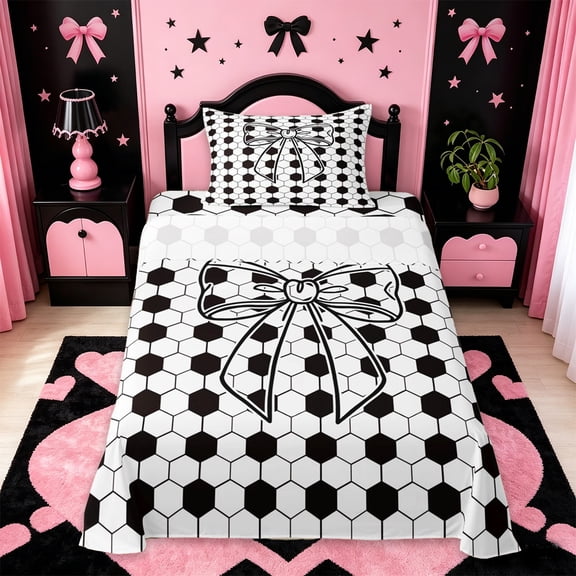 Manfei Soccer Bowknot Twin Sheet Sets For Kids,Abstract Geometric Honeycomb Pattern Bedding,3-Piece