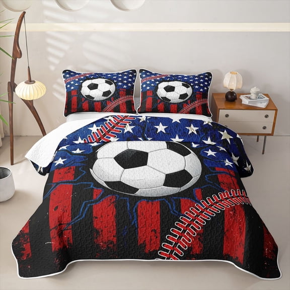Manfei Soccer Football Quilt King,Patriotic Us Flag King Coverlet Set,Red White,3-Piece
