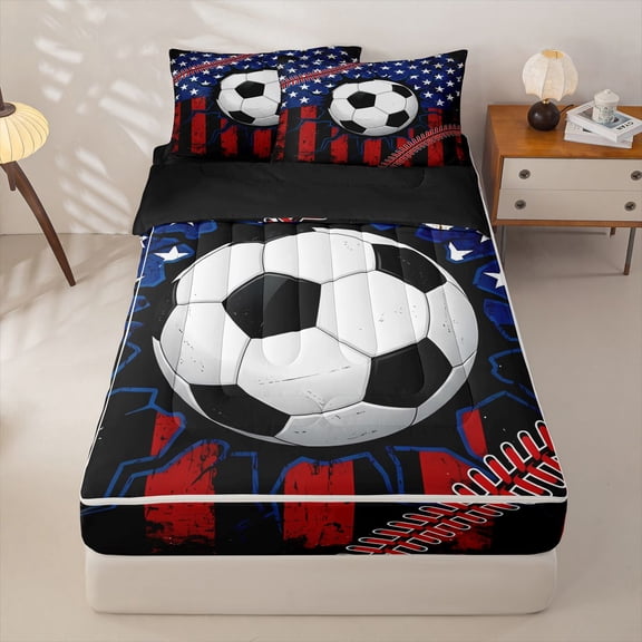 Manfei Soccer Football Zipper Twin Comforter Sets with Fitted Sheet and 2 Pillowcases,Patriotic Us Flag Zipper Bedding Set,Red White,Black Reversible,4pcs