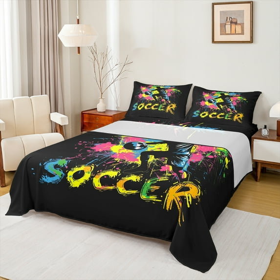 Manfei Soccer Game Bed Sheets,Kids Sports Theme King Sheets,Multicolor Splashing Ink Sheet Set For Boys Girls,Ultra Soft Home Decor,4 Pieces