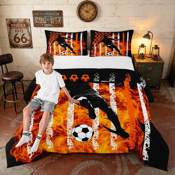 Manfei Soccer Player Full Size Comforter Sets, Sport Patriotic USA Flag Bedding Comforter Set, Orange Black, Black Reversible 3 Pieces, 1 Comforter and 2 Pillowcases