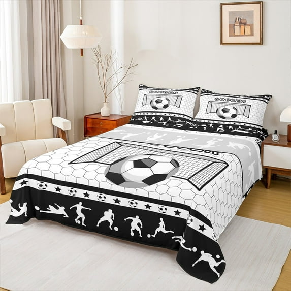 Manfei Soccer Print Full Size Sheets 4pcs for Boys Girls, Football Sport Bed Sheets, Geometry Honeycomb Sheet Sets, Microfiber Room Decor