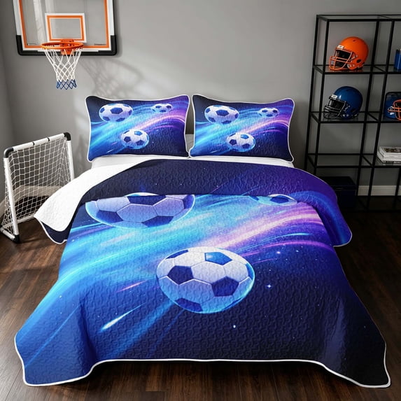 Manfei Soccer Quilt Full, Sports Full Bedspread Sets, Deep Purple Galaxy, Navy Reversible 3-Piece, 1 Coverlet and 2 Pillowcases