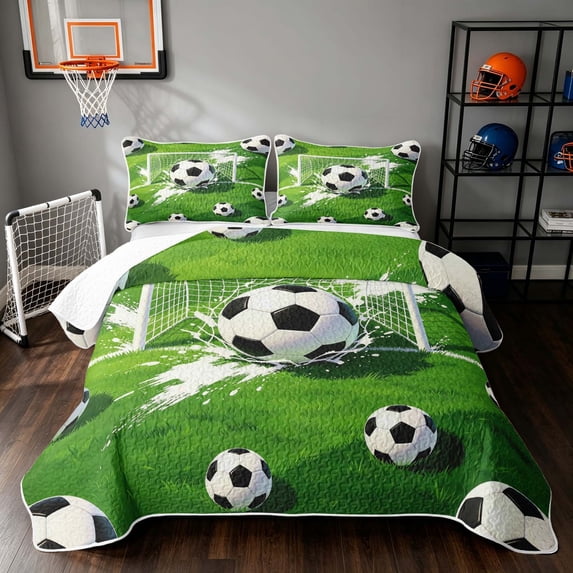 Manfei Soccer Sport Bed Spread Queen, Football Field Queen Coverlet Set, Green Black White 03, Gray Reversible 3 Pieces, 1 Quilt and 2 Pillowcases