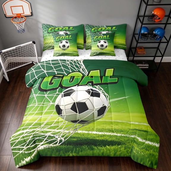 Manfei Soccer Sport Twin Bedding, Goal Print Football Field Bedding Comforter Set, Green White, Reversible 7 Pieces