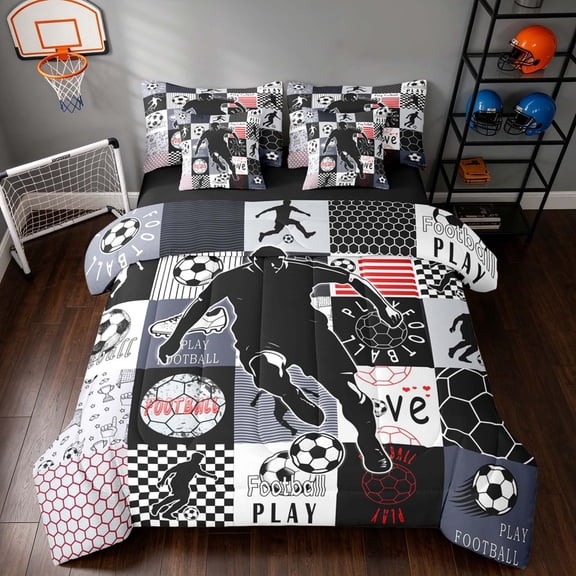 Manfei Soccer Sport Twin Bedding, Play Football Print Bedding Comforter Set, Black Red, Black Reversible 7 Pieces