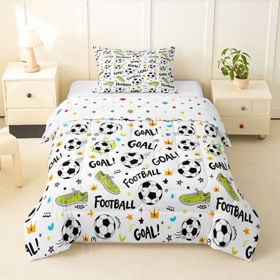 Manfei Soccer Sport Twin Comforter Sets For Boys,Ball Games Bedding Set,White Green Black,Polkadot Reversible,2-Piece,1 Comforter and 1 Pillowcase