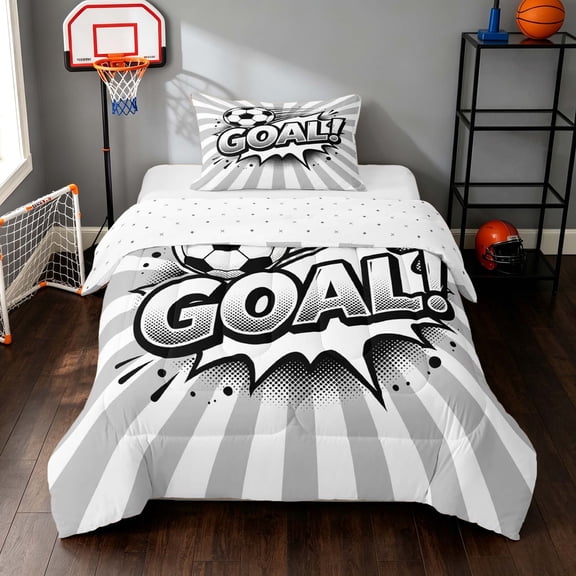 Manfei Soccer Sport Twin Comforter Sets, Geometric Stripe Bedding Set, Grey Monochrome, Reversible 2pcs 1 Comforter and 1 Pillowcase