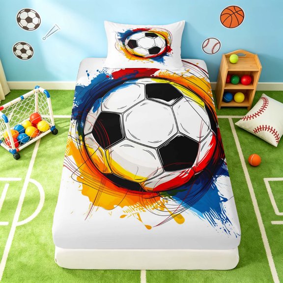 Manfei Soccer Sport Twin Fitted Sheet, Colorful Watercolor Bedding, Bold Red Blue 2-Piece, 1 Fitted Sheet and 1 Pillowcase