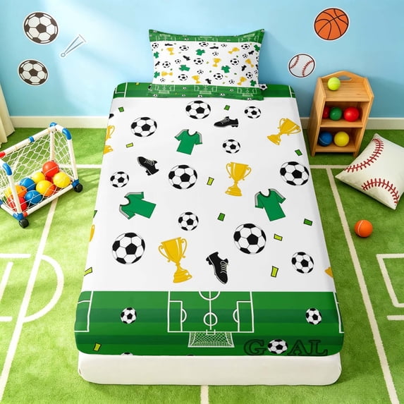 Manfei Soccer Sport Twin Fitted Sheet, Football Bedding, Green White Gold 2pcs, 1 Fitted Sheet and 1 Pillowcase