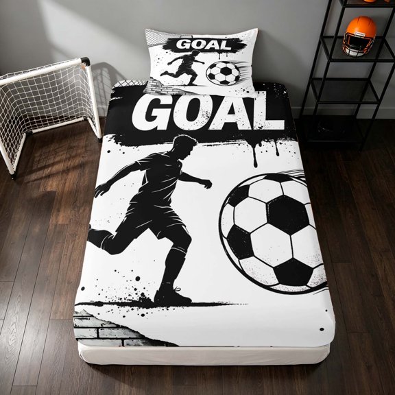 Manfei Soccer Sport Twin Fitted Sheet, Football Field Bedding, Black White 04 2 Pieces, 1 Fitted Sheet and 1 Pillowcase