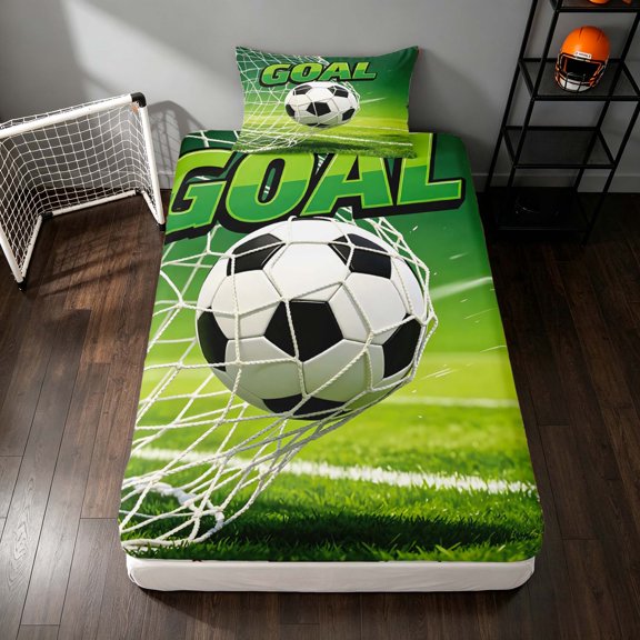 Manfei Soccer Sport Twin Fitted Sheet, Goal Print Football Field Bedding, Green White 2 Pieces, 1 Fitted Sheet and 1 Pillowcase