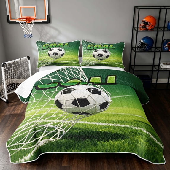 Manfei Soccer Sport Twin Quilt Set, Goal Print Football Field Twin Coverlet Set, Green White, Reversible 2 Pieces, 1 Bedspread and 1 Pillowcase