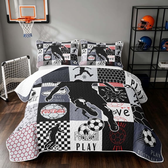 Manfei Soccer Sport Twin Quilt Set, Play Football Print Twin Coverlet Set, Black Red, Black Reversible 2 Pieces, 1 Bedspread and 1 Pillowcase