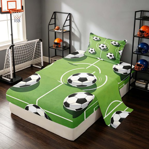 Manfei Soccer Sport Twin Sheets, Football Field Bedding, Green White 03 3 Pieces(1 Flat Sheet, 1 Fitted Sheet and 1 Pillowcase)
