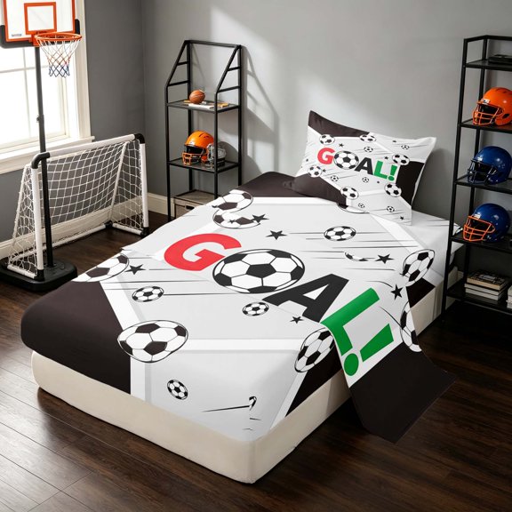 Manfei Soccer Sport Twin Sheets, Goal Print Bedding, Multicolor Grey 3 Pieces(1 Flat Sheet, 1 Fitted Sheet and 1 Pillowcase)