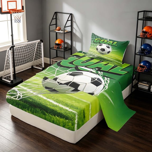 Manfei Soccer Sport Twin Sheets, Goal Print Football Field Bedding, Green White 3 Pieces(1 Flat Sheet, 1 Fitted Sheet and 1 Pillowcase)