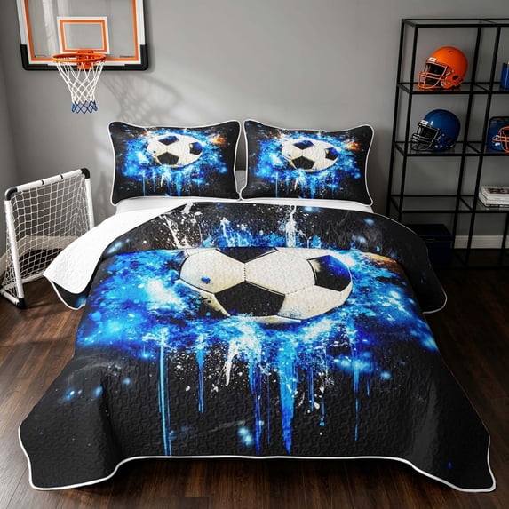 Manfei Soccer Sports Bed Spread Queen, Queen Coverlet Set, Black Bright Blue, Black Reversible 3pcs, 1 Quilt and 2 Pillowcases