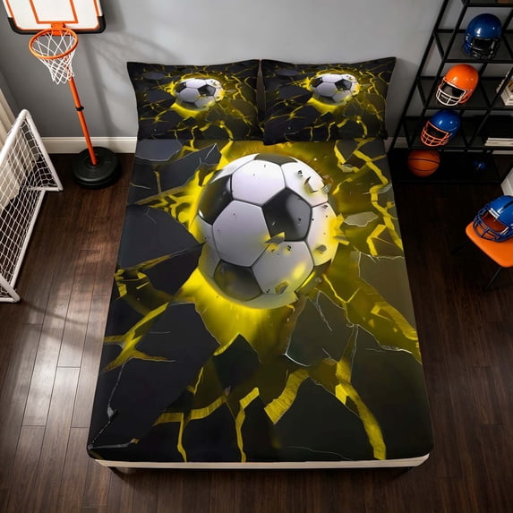 Manfei Soccer Sports Fitted Sheet, Glowing Lightning Queen Bedding, Purple Crack Glow 3-Piece, 1 Fitted Sheet and 2 Pillowcases