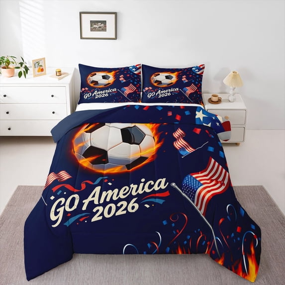 Manfei Soccer Sports Full Size Comforter Sets,Us Flag Bedding Comforter Set,White Navy,Go American 2026 Print Decor,Navy Blue Reversible,3 Pieces,1 Comforter and 2 Pillowcases