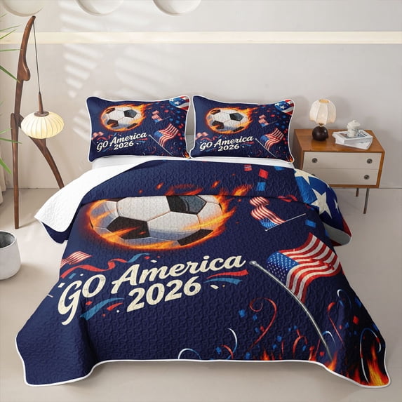 Manfei Soccer Sports Quilt King,Us Flag King Coverlet Set,White Navy,Go American 2026 Print Decor,3pcs