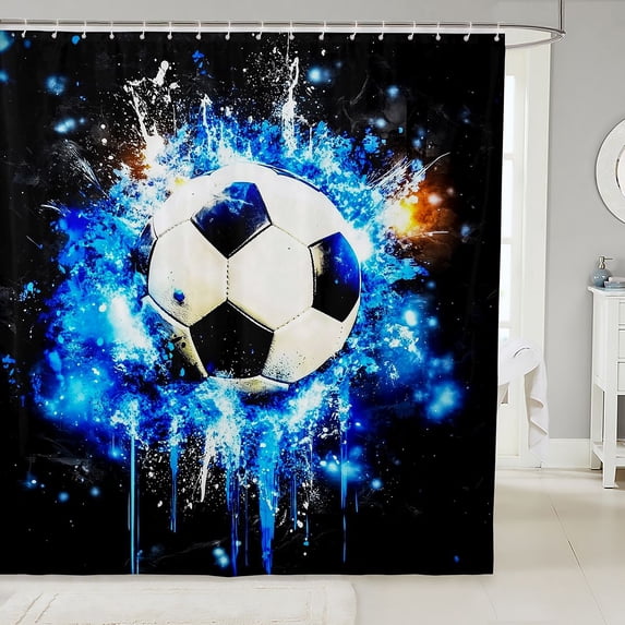 Manfei Soccer Sports Shower Curtain 72Wx78L, Bath Curtain, Black Bright Blue
