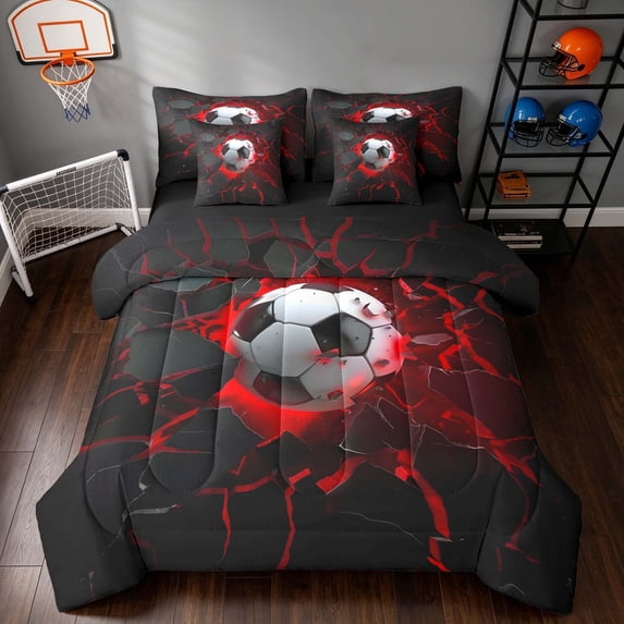 Manfei Soccer Sports Twin Bedding, Neon Lightning Bedding Comforter Set, Teal Crack Glow, Black Reversible 7 Pieces