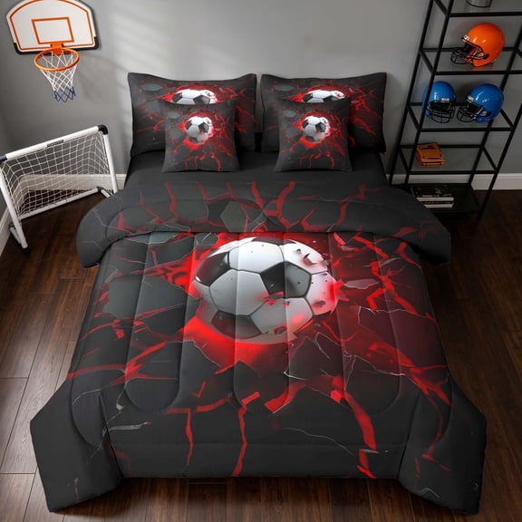 Manfei Soccer Sports Twin Bedding, Neon Lightning Bedding Comforter Set, Teal Crack Glow, Black Reversible 7 Pieces