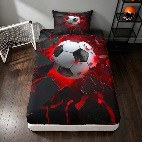 Manfei Soccer Sports Twin Fitted Sheet, Neon Lightning Bedding, Teal Crack Glow 2 Pieces, 1 Fitted Sheet and 1 Pillowcase