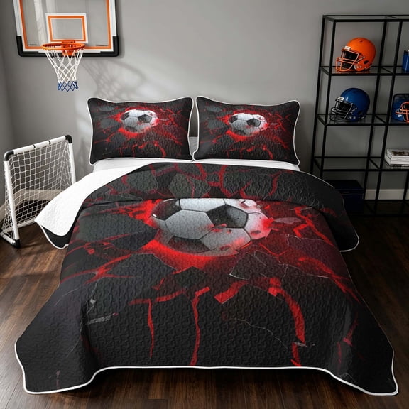Manfei Soccer Sports Twin Quilt Set, Neon Lightning Twin Coverlet Set, Teal Crack Glow, Black Reversible 2 Pieces, 1 Bedspread and 1 Pillowcase