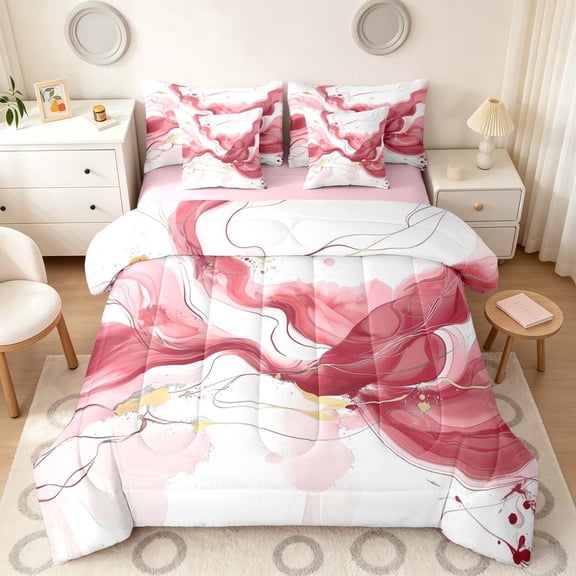 Manfei Soft Abstract Marble Twin Bedding, Fluid Swirl Bedding Comforter Set, Pink White Gold, Pink Reversible 7-Piece