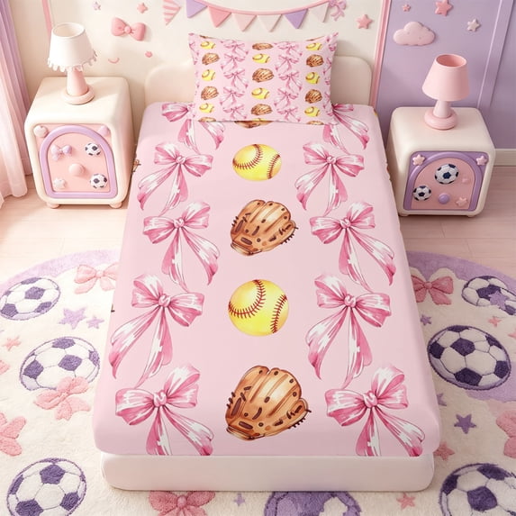 Manfei Softball Ball Games Twin Fitted Sheet,Pink Bows Pattern Bedding,2-Piece,1 Fitted Sheet and 1 Pillowcase