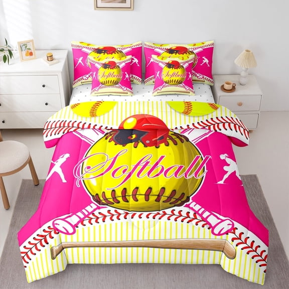 Manfei Softball Bedding Comforter Set 7 Pieces,Girls Sport Theme Full Bedding Set,Pink Yellow Red Fitted Sheet Flat Sheet For Teens,Breathable Home Decor Reversible