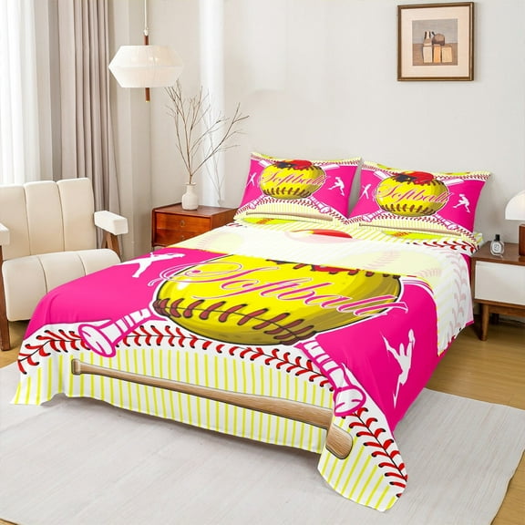 Manfei Softball Full Size Sheets,Girls Sport Theme Bed Sheets,Pink Yellow Red Sheet Sets For Teens,Breathable Home Decor,4 Pieces