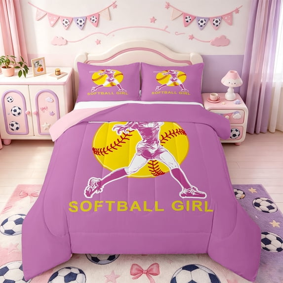 Manfei Softball Gamer King Size Comforter Sets,Ball Sport Comforters King Size,Pink Reversible,3 Pieces,1 Comforter and 2 Pillowcases