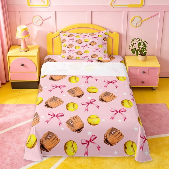 Manfei Softball Glove Bow Twin Sheet Sets For Girls,Pink Ribbon Bowknot Kids Bedding,3pcs