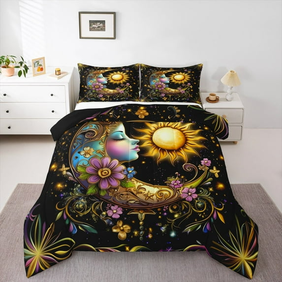 Manfei Son And Moon Full Size Comforter Sets,Gothic Theme Bedding Comforter Set,Gold Boho Flower Bedding Sets For Girl Boys,Ultra Soft Bedroom Decorative Reversible,3pcs