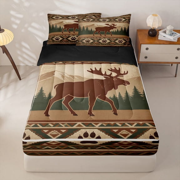 Manfei Southwest Moose Zipper Twin Comforter Sets with Fitted Sheet and 2 Pillowcases,Rust Check Pine Zipper Bedding Set,Brown,Black Reversible,4pcs