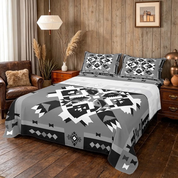 Manfei Southwest Tribal Queen Sheets, Geometric Aztec Queen Sheet Sets, Gray Black White, Black Reversible 4pcs1 Flat Sheet + 1 Fitted Sheet + 2 Pillowcases