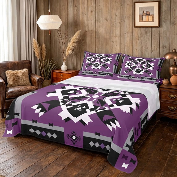 Manfei Southwest Tribal Queen Sheets, Geometric Aztec Queen Sheet Sets, Purple Black Cream, Black Reversible 4 Pieces1 Flat Sheet + 1 Fitted Sheet + 2 Pillowcases
