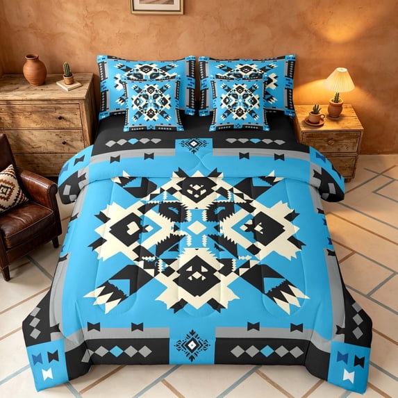 Manfei Southwest Tribal Twin Bedding, Geometric Aztec Bedding Comforter Set, Blue Black, Black Reversible 7-Piece