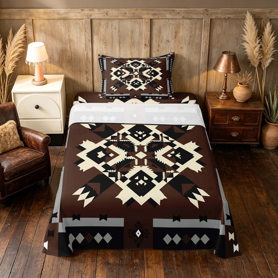 Manfei Southwest Tribal Twin Sheets, Geometric Aztec Bedding, Brown Black, Black Reversible 3-Piece1 Flat Sheet + 1 Fitted Sheet + 1 Pillowcase