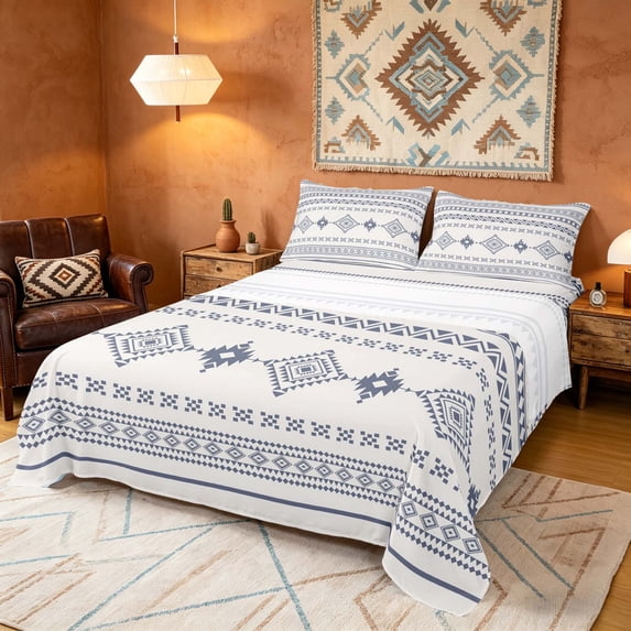 Manfei Southwestern Aztec Bed Sheets, Bohemian Blue Beige Fuul Size Sheets, Reversible 4pcs1 Flat Sheet + 1 Fitted Sheet + 2 Pillowcases