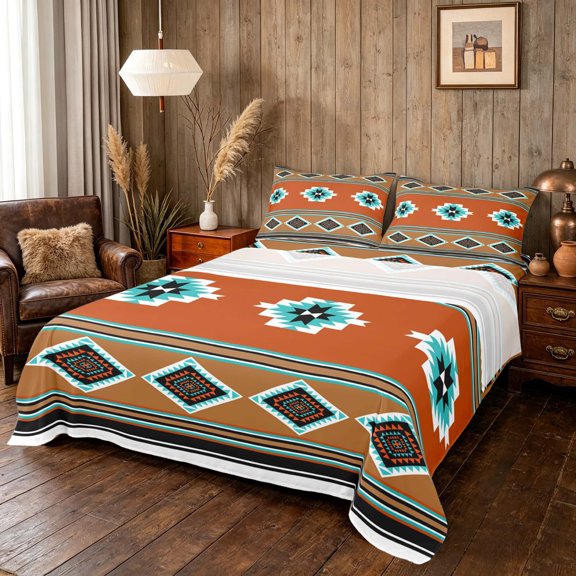 Manfei Southwestern Aztec Bed Sheets, Bohemian Rust Turquoise Fuul Size Sheets, Reversible 4-Piece1 Flat Sheet + 1 Fitted Sheet + 2 Pillowcases