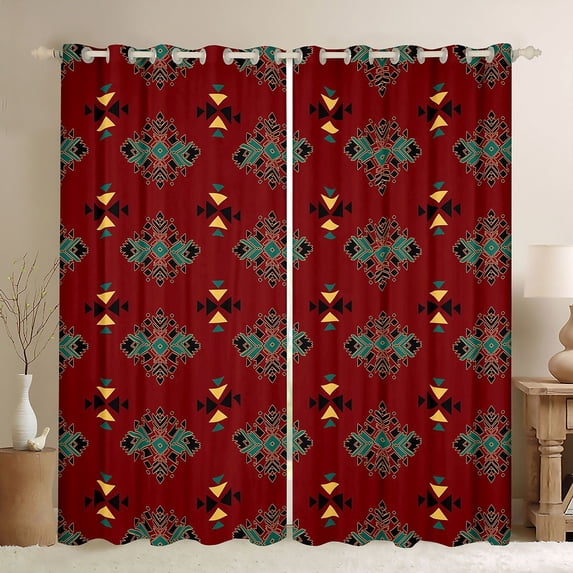 Manfei Southwestern Aztec Blackout Curtains, Geometric Triangle Curtains Pack of 2 (42x84 Each), Red Teal Black