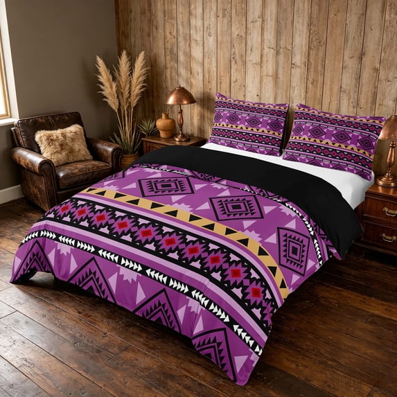 Manfei Southwestern Aztec Duvet Cover Queen, , Purple Black Queen Bedding, Black Reversible 3 Pieces, 1 Duvet Cover and 2 Pillowcases