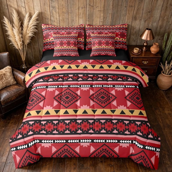Manfei Southwestern Aztec Full Size Bedding Sets, , Red Black Full Size Bed in a Bag, Black Reversible 7pcs